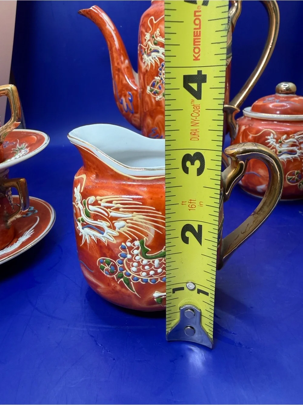Rust Red Dragonware Porcelain Tea Set with Gold Accents - Vintage